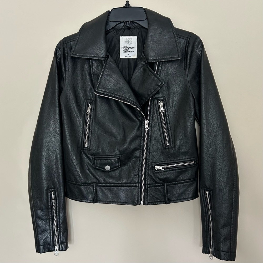 Forever Flower Women’s Cropped Black Leather Moto Jacket